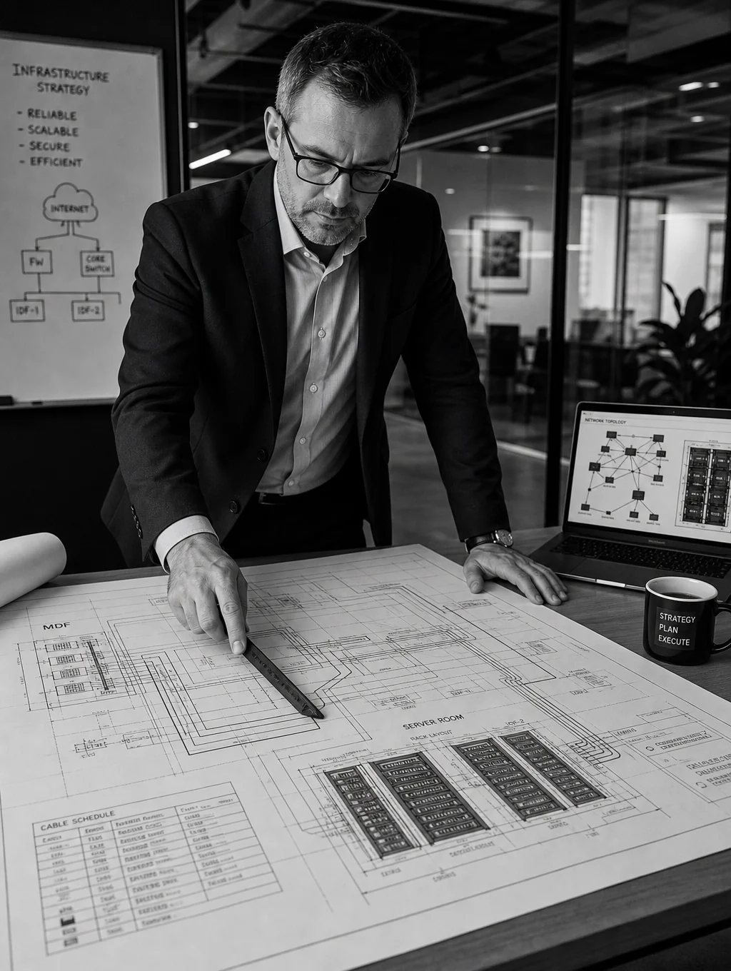IT infrastructure consultant reviewing project blueprints