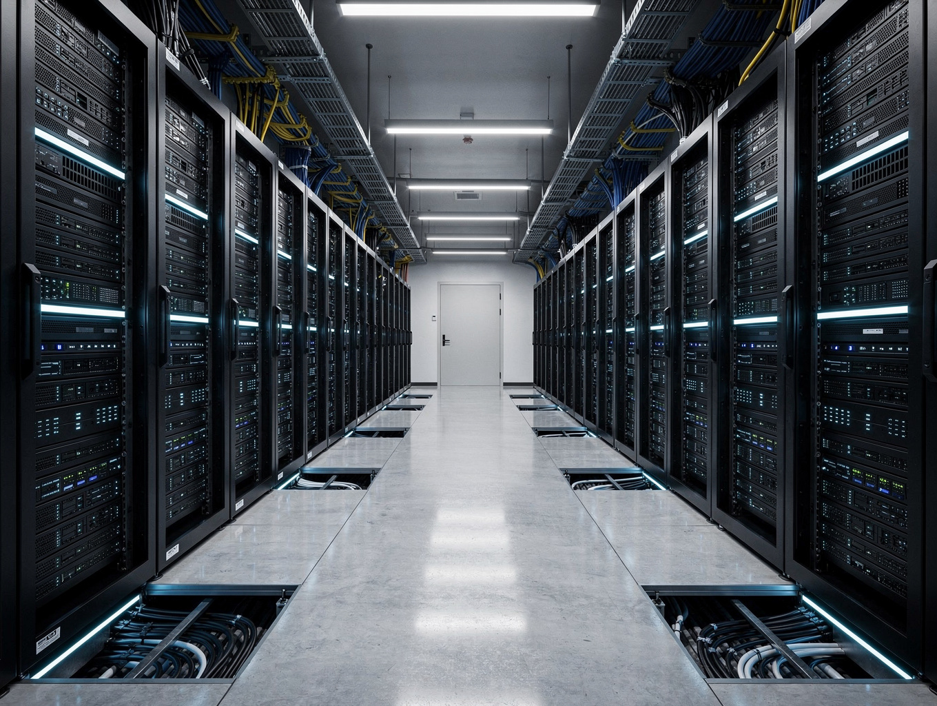 Modern server room infrastructure with blue lighting